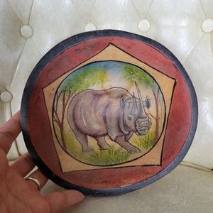 VTG Hand Carved Wood Bowl Hand Painted Safari Rhino Bowl Wooden
